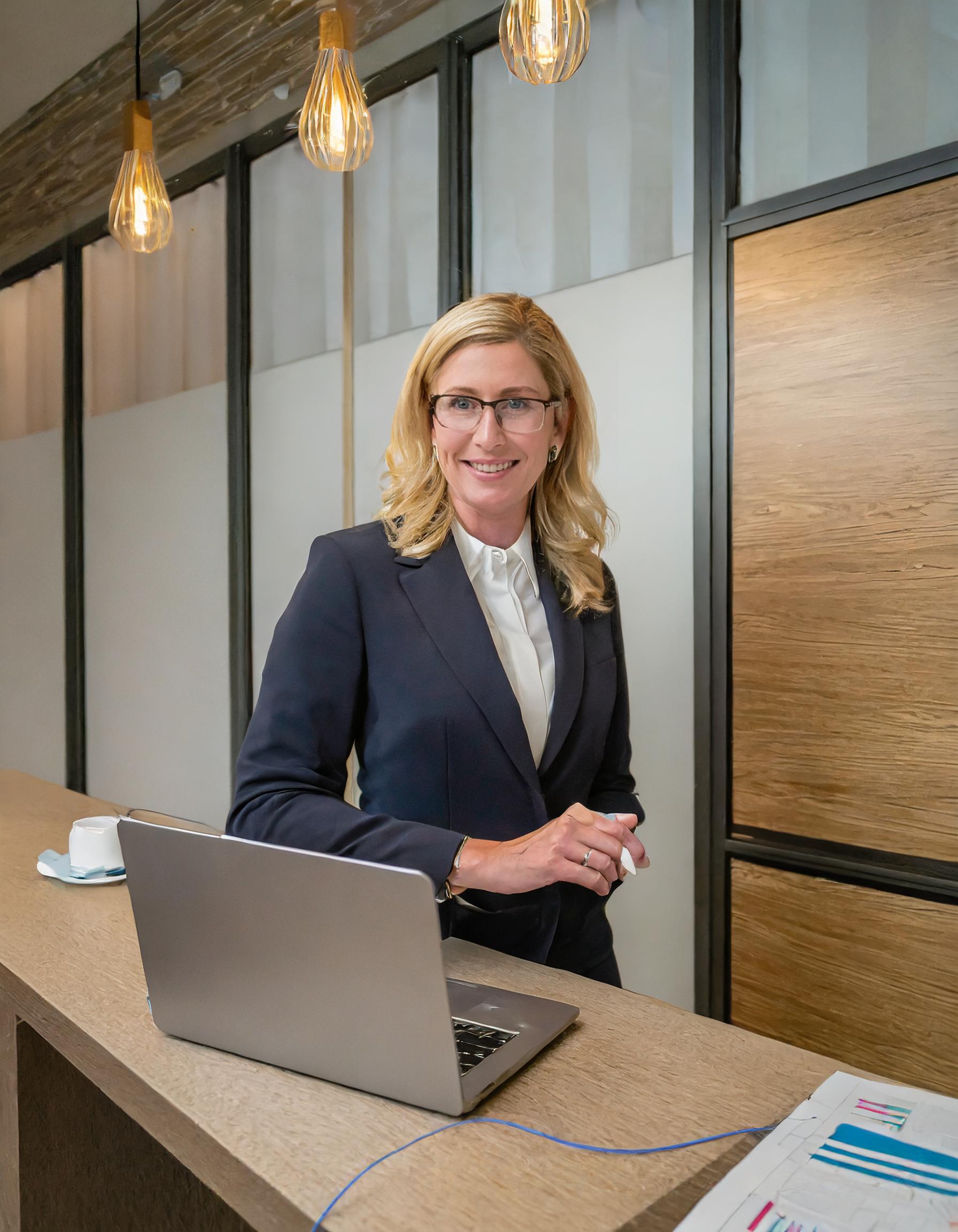 Porträt einer Frau mit kreativem Blick, Bürohintergrund